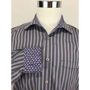 Bugatchi Uomo Men's Large Shirt Multicolor Striped Flip Cuff Rare Embroidered